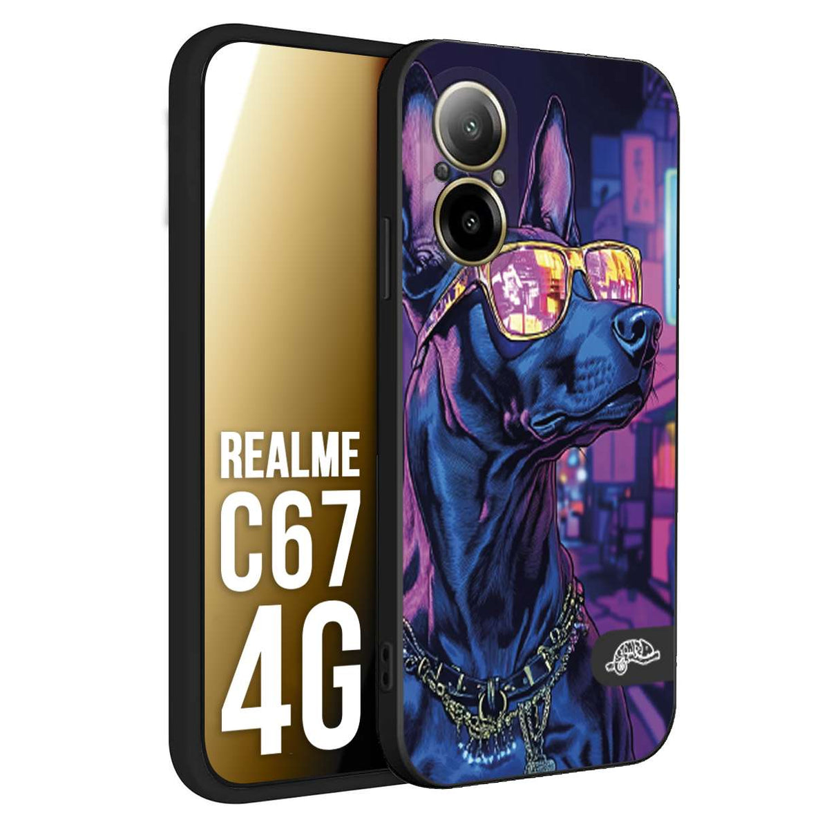 CUSTOMIZZA - Custodia cover nera morbida in tpu compatibile per Realme C67 4G animali cyberpunk dobermann cane street dog fucsia blu night