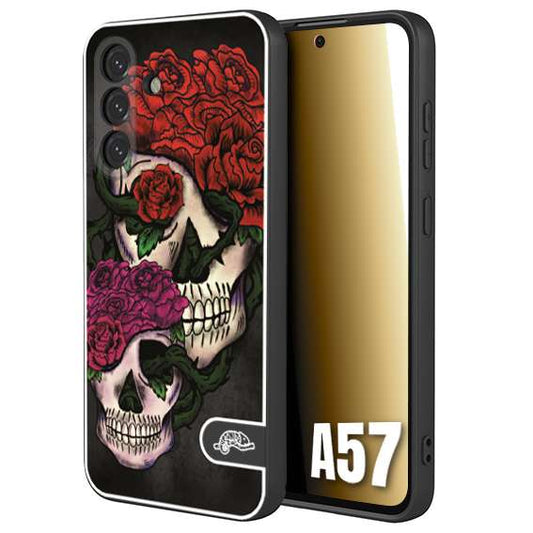 CUSTOMIZZA - Custodia cover nera morbida in tpu compatibile per Samsung A57 teschi e rose rosse fucsia skull and roses
