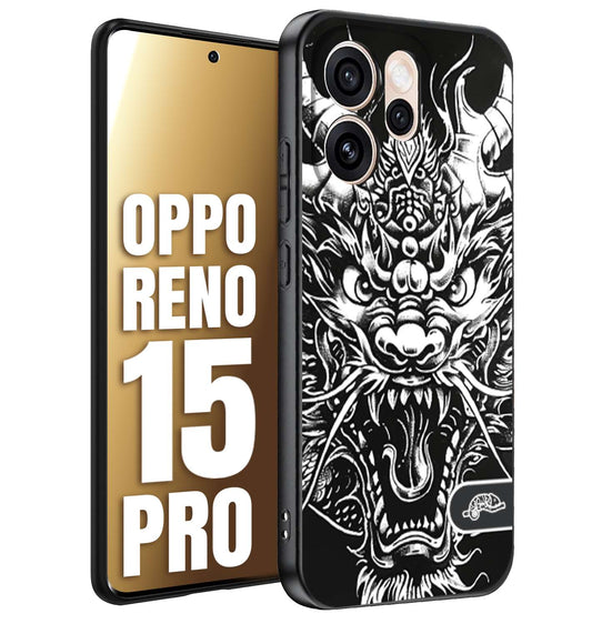 CUSTOMIZZA - Custodia cover nera morbida in tpu compatibile per Oppo Reno 15 PRO drago black and white bianco a rilievo disegnato tattoo tatuaggio