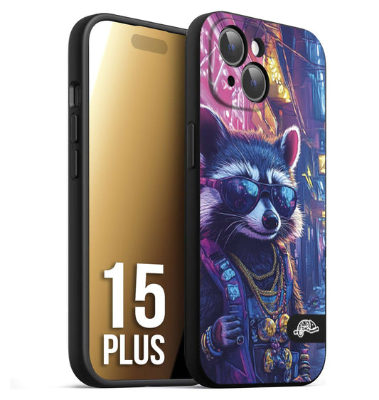 CUSTOMIZZA - Custodia cover nera morbida in tpu compatibile per iPhone 15 PLUS animali simpatici cyberpunk procione racoon street cat fucsia blu giallo
