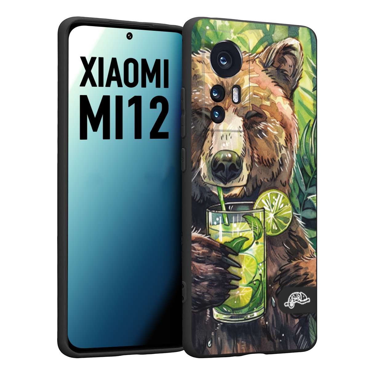 CUSTOMIZZA - Custodia cover nera morbida in tpu compatibile per Xiaomi 12 5G estate disegnata cocktails animali simpatici orso bear negroni