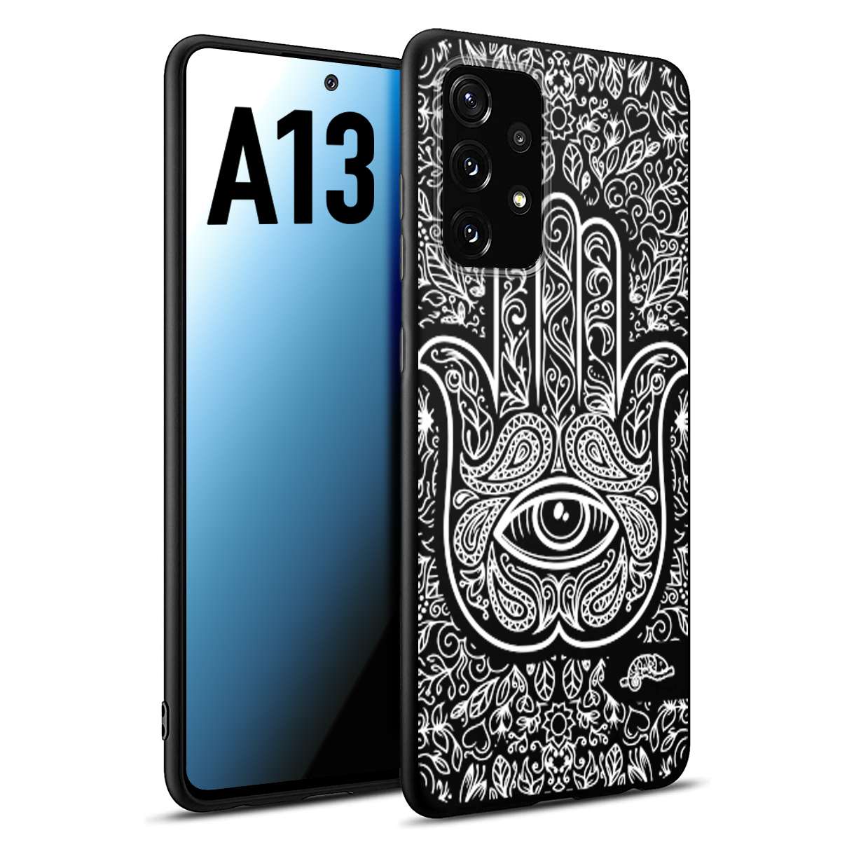 CUSTOMIZZA - Custodia cover nera morbida in tpu compatibile per Samsung A13 mano di fatima effetto rilievo mandala donna