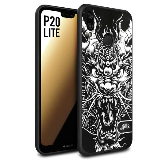 CUSTOMIZZA - Custodia cover nera morbida in tpu compatibile per Huawei P20 LITE drago black and white bianco a rilievo disegnato tattoo tatuaggio