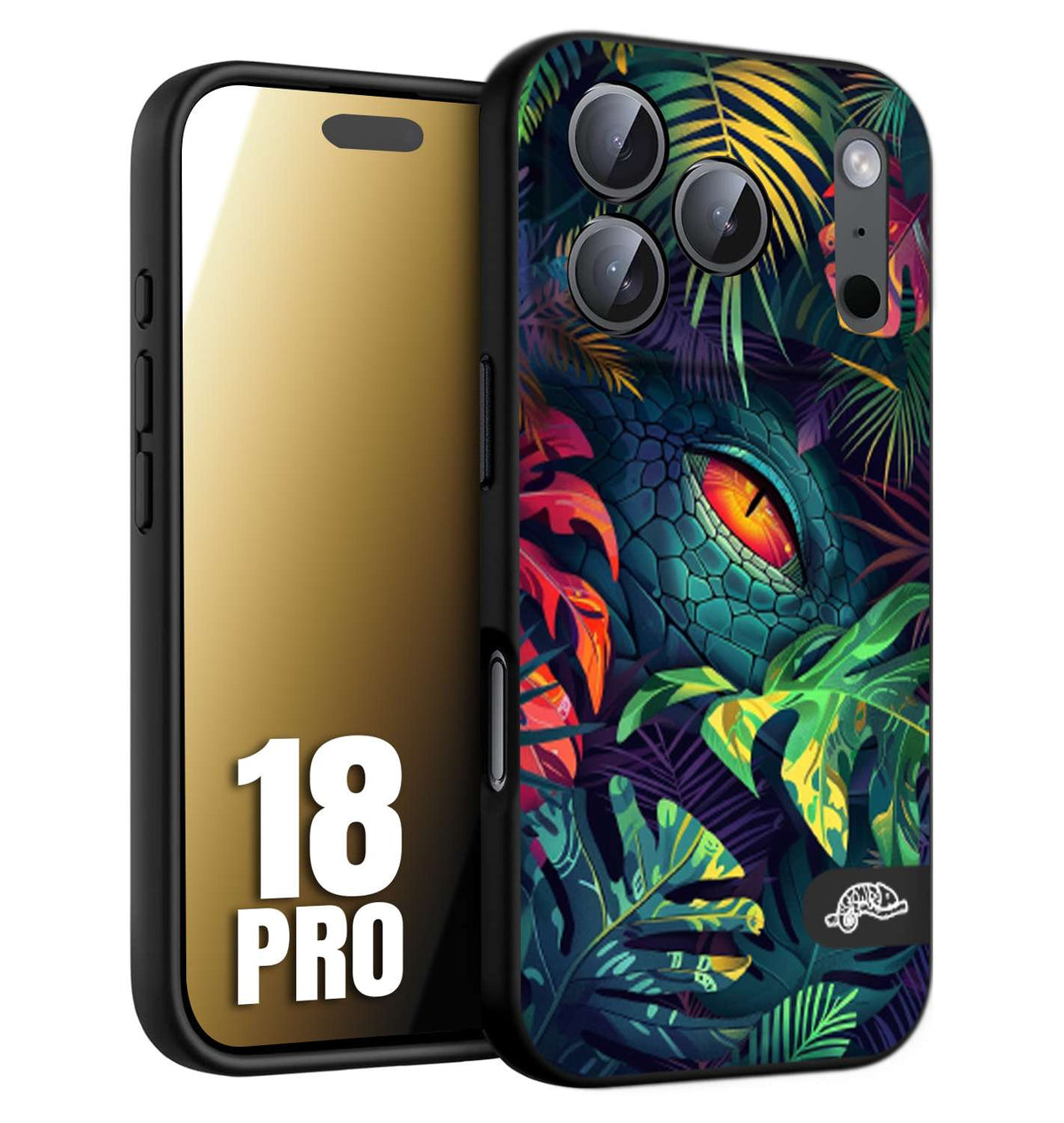 CUSTOMIZZA - Custodia cover nera morbida in tpu compatibile per iPhone 18 PRO animali color giungla tropicale occhio di coccodrillo alligatore disegnato