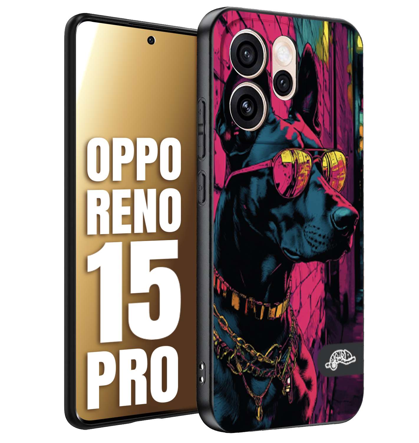 CUSTOMIZZA - Custodia cover nera morbida in tpu compatibile per Oppo Reno 15 PRO animali cyberpunk dobermann cane street dog fucsia blu