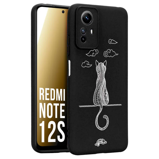 CUSTOMIZZA - Custodia cover nera morbida in tpu compatibile per Xiaomi Redmi Note 12S gatto mandala stilizzato gattino a rilievo soft touch donna bianca