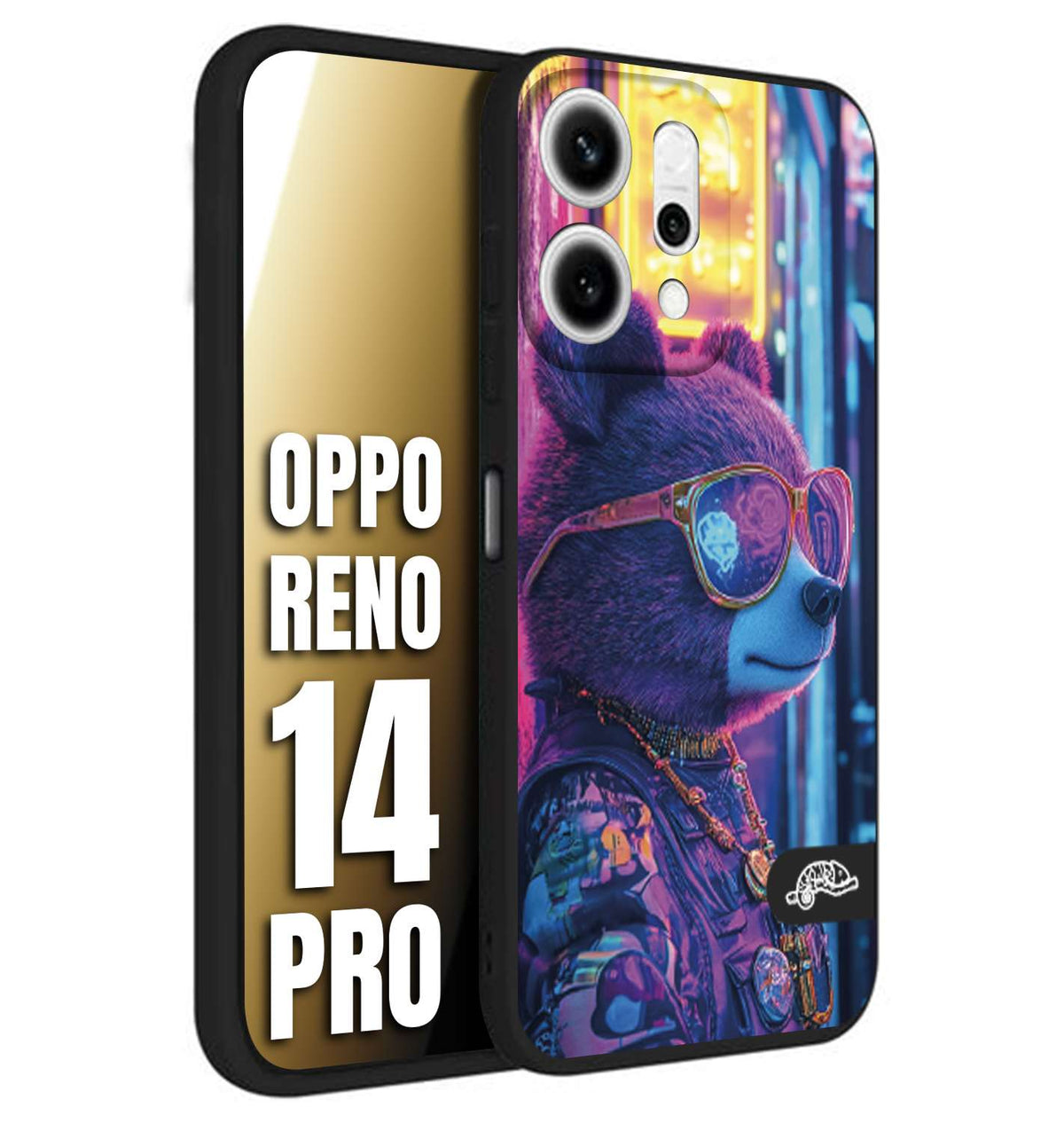 CUSTOMIZZA - Custodia cover nera morbida in tpu compatibile per Oppo Reno 14 PRO animali cyberpunk orsetto orso street bear fucsia blu night