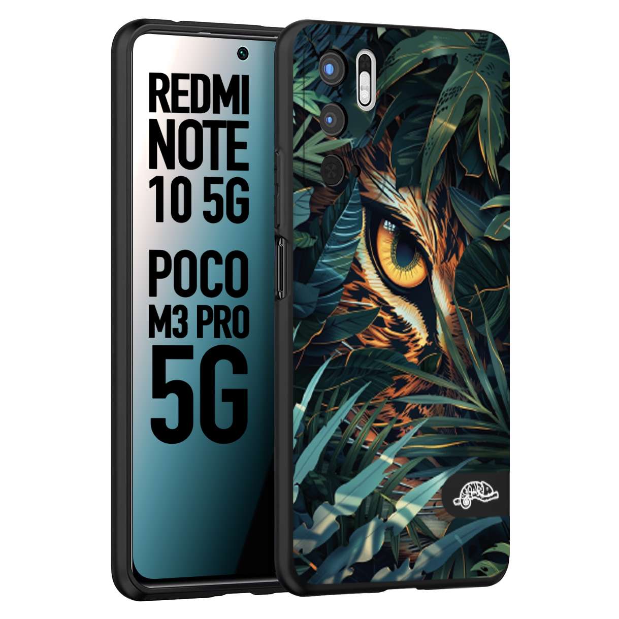 CUSTOMIZZA - Custodia cover nera morbida in tpu compatibile per Xiaomi Redmi Note 10 5G - Poco M3 Pro 5G animali color giungla tropicale occhio di giaguaro felino disegnato