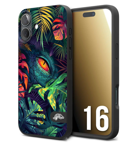 CUSTOMIZZA - Custodia cover nera morbida in tpu compatibile per iPhone 16 animali color giungla tropicale occhio di coccodrillo alligatore disegnato