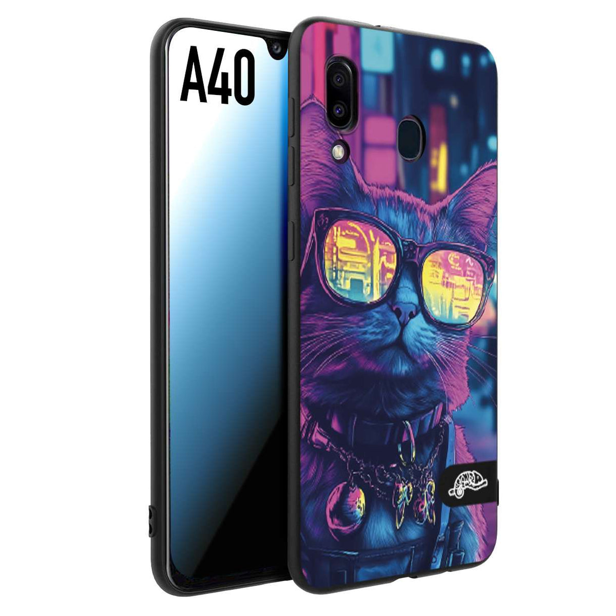 CUSTOMIZZA - Custodia cover nera morbida in tpu compatibile per Samsung A40 animali cyberpunk gatto street cat fucsia blu giallo