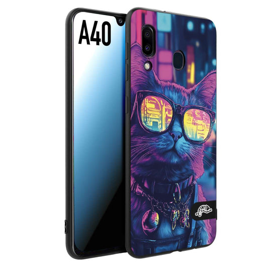 CUSTOMIZZA - Custodia cover nera morbida in tpu compatibile per Samsung A40 animali cyberpunk gatto street cat fucsia blu giallo