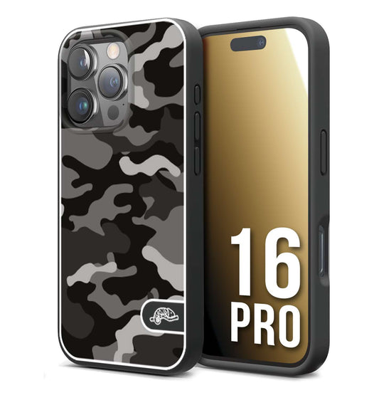 CUSTOMIZZA - Custodia cover nera morbida in tpu compatibile per iPhone 16 PRO camouflage mimetico militare nero black grigio