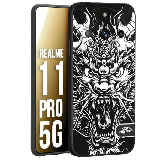 CUSTOMIZZA - Custodia cover nera morbida in tpu compatibile per Realme 11 PRO 5G drago black and white bianco a rilievo disegnato tattoo tatuaggio