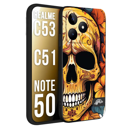 CUSTOMIZZA - Custodia cover nera morbida in tpu compatibile per Oppo Realme C53 - C51 - NOTE 50 teschio messicano colorato dorato fiori autunnali disegnato