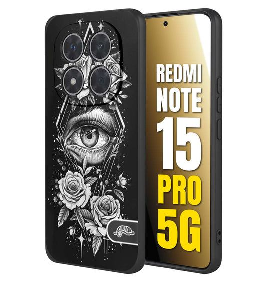 CUSTOMIZZA - Custodia cover nera morbida in tpu compatibile per Xiaomi Redmi Note 15 PRO 5G occhio fiori rombo geometrico black and white bianco a rilievo disegnato tattoo tatuaggio