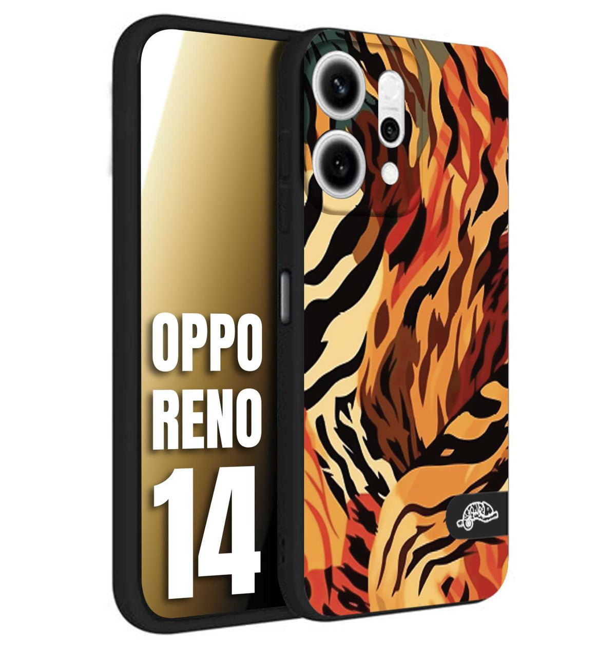 CUSTOMIZZA - Custodia cover nera morbida in tpu compatibile per Oppo Reno 14 leopardato maculato tigrato tiger colorata gialla rossa arancio