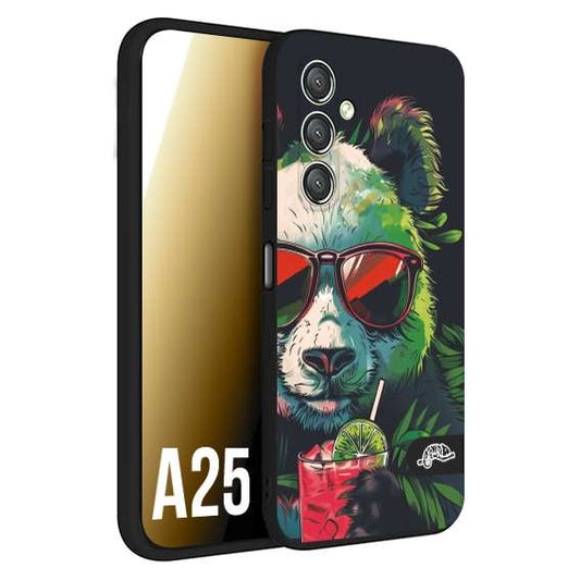 CUSTOMIZZA - Custodia cover nera morbida in tpu compatibile per Samsung A25 estate disegnata cocktails animali simpatici panda mojito