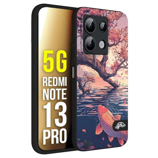 CUSTOMIZZA - Custodia cover nera morbida in tpu compatibile per Xiaomi Redmi Note 13 PRO 5G giapponese lago carpa koi rosa con foglie d'acero disegnata tattoo