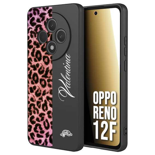 CUSTOMIZZA - Custodia cover nera morbida in tpu compatibile per Oppo Reno 12F leopardato rosa fucsia personalizzata nome iniziali