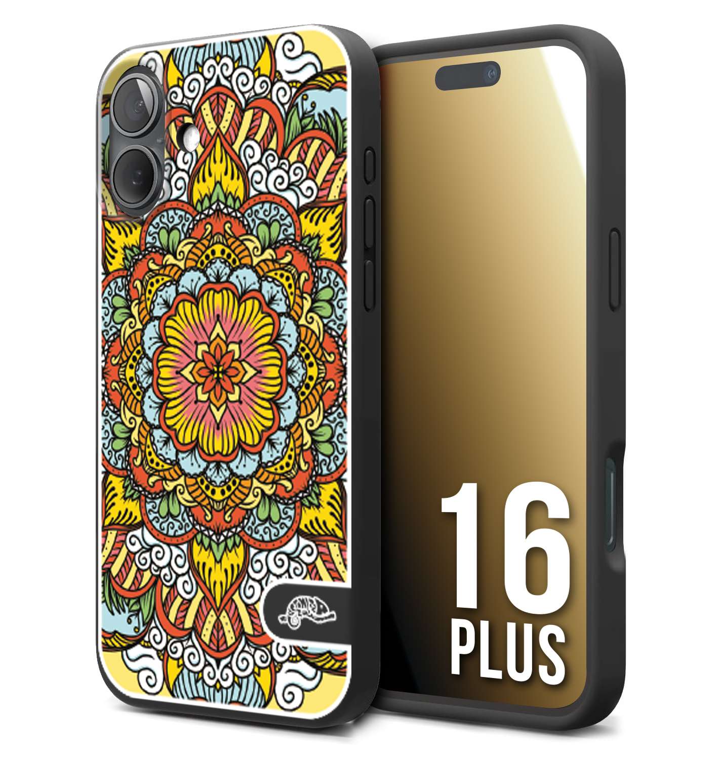 CUSTOMIZZA - Custodia cover nera morbida in tpu compatibile per iPhone 16 PLUS mandala colorato fiore nuvole arancione