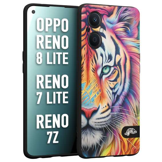 CUSTOMIZZA - Custodia cover nera morbida in tpu compatibile per Oppo Reno 7 Lite - 8 Lite - 7Z animali color tigre tiger viso colori vibranti disegnato schizzo