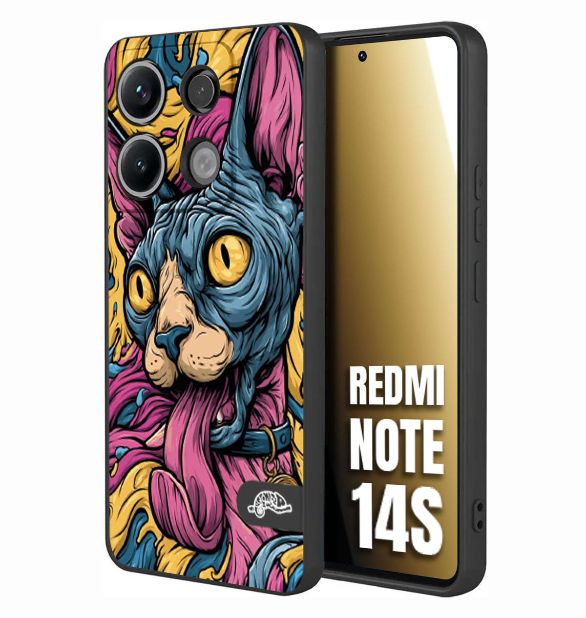 CUSTOMIZZA - Custodia cover nera morbida in tpu compatibile per Xiaomi Redmi Note 14S Sphynx Colorato Pop Art Psichedelico Gatto Blu Rosa Giallo Artistica Fantasy