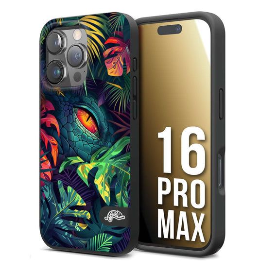 CUSTOMIZZA - Custodia cover nera morbida in tpu compatibile per iPhone 16 PRO MAX animali color giungla tropicale occhio di coccodrillo alligatore disegnato