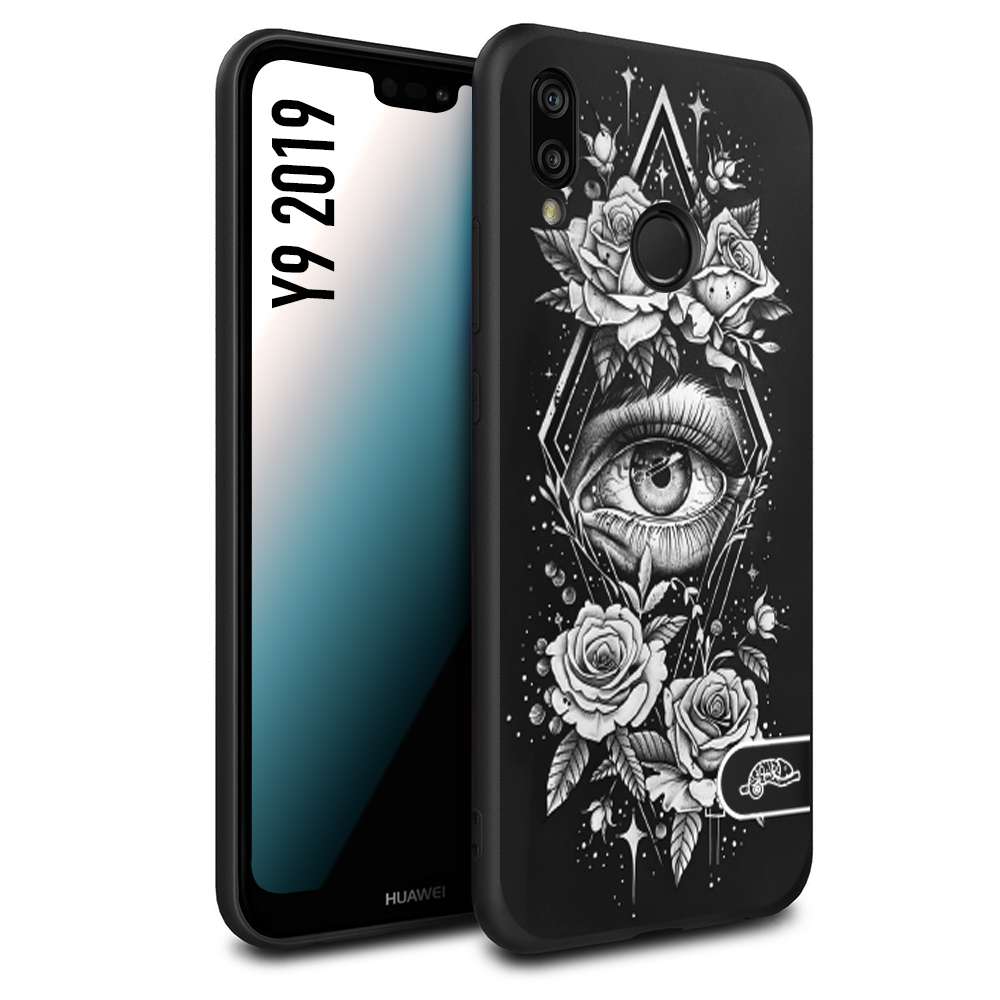 CUSTOMIZZA - Custodia cover nera morbida in tpu compatibile per Huawei Y9 2019 occhio fiori rombo geometrico black and white bianco a rilievo disegnato tattoo tatuaggio