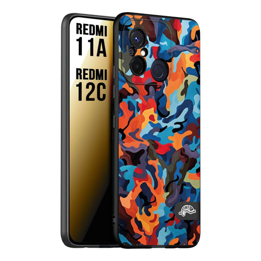 CUSTOMIZZA - Custodia cover nera morbida in tpu compatibile per Xiaomi Redmi 11A - 12C camouflage mimetico militare moderno blu arancio rosso