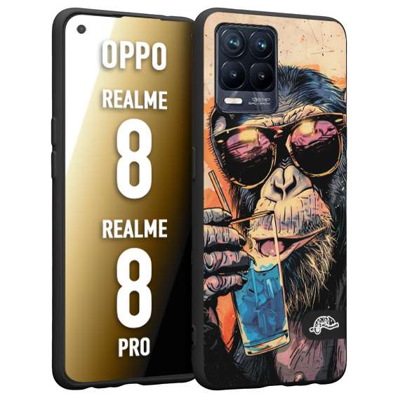 CUSTOMIZZA - Custodia cover nera morbida in tpu compatibile per Oppo Realme 8 - 8 PRO estate disegnata cocktails animali simpatici scimmia monkey negroni