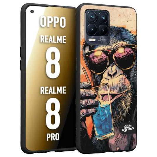 CUSTOMIZZA - Custodia cover nera morbida in tpu compatibile per Oppo Realme 8 - 8 PRO estate disegnata cocktails animali simpatici scimmia monkey negroni