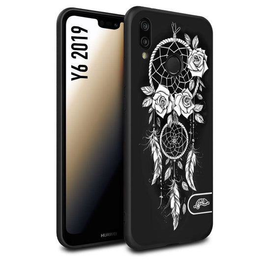 CUSTOMIZZA - Custodia cover nera morbida in tpu compatibile per Huawei Y6 2019 acchiappasogni dreamcatcher black and white bianco a rilievo disegnato tattoo tatuaggio