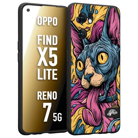 CUSTOMIZZA - Custodia cover nera morbida in tpu compatibile per Oppo Reno 7 - Find X5 LITE Sphynx Colorato Pop Art Psichedelico Gatto Blu Rosa Giallo Artistica Fantasy