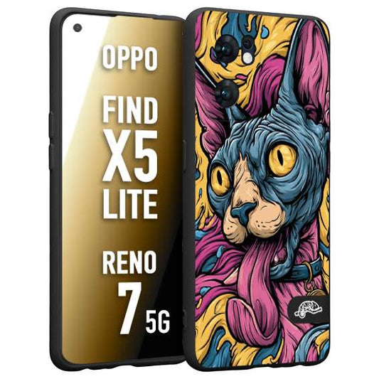 CUSTOMIZZA - Custodia cover nera morbida in tpu compatibile per Oppo Reno 7 - Find X5 LITE Sphynx Colorato Pop Art Psichedelico Gatto Blu Rosa Giallo Artistica Fantasy