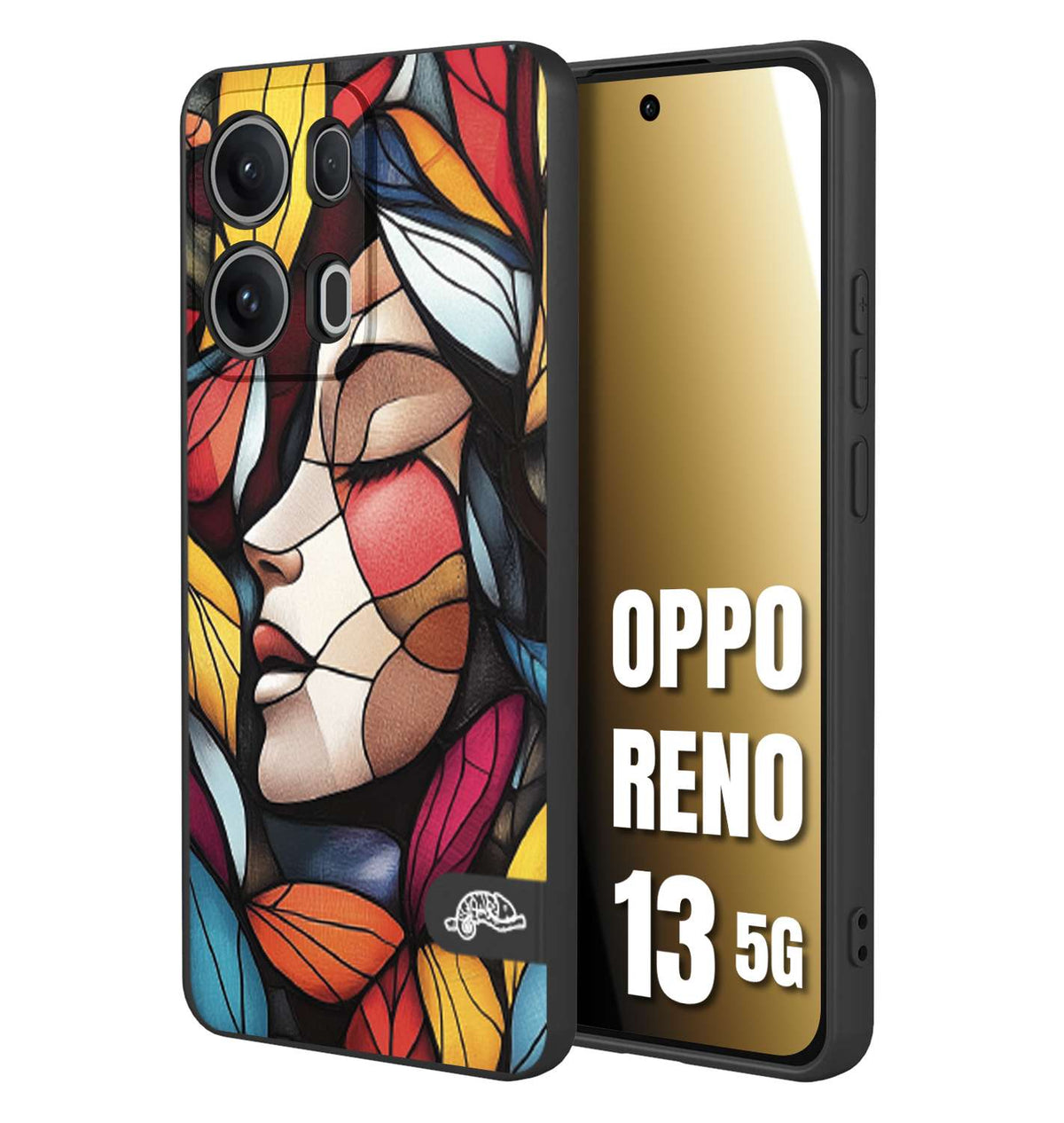 CUSTOMIZZA - Custodia cover nera morbida in tpu compatibile per Oppo Reno 13 5G Vetrata artistica volto di donna profilo fogliare mosaico di vetro colorato