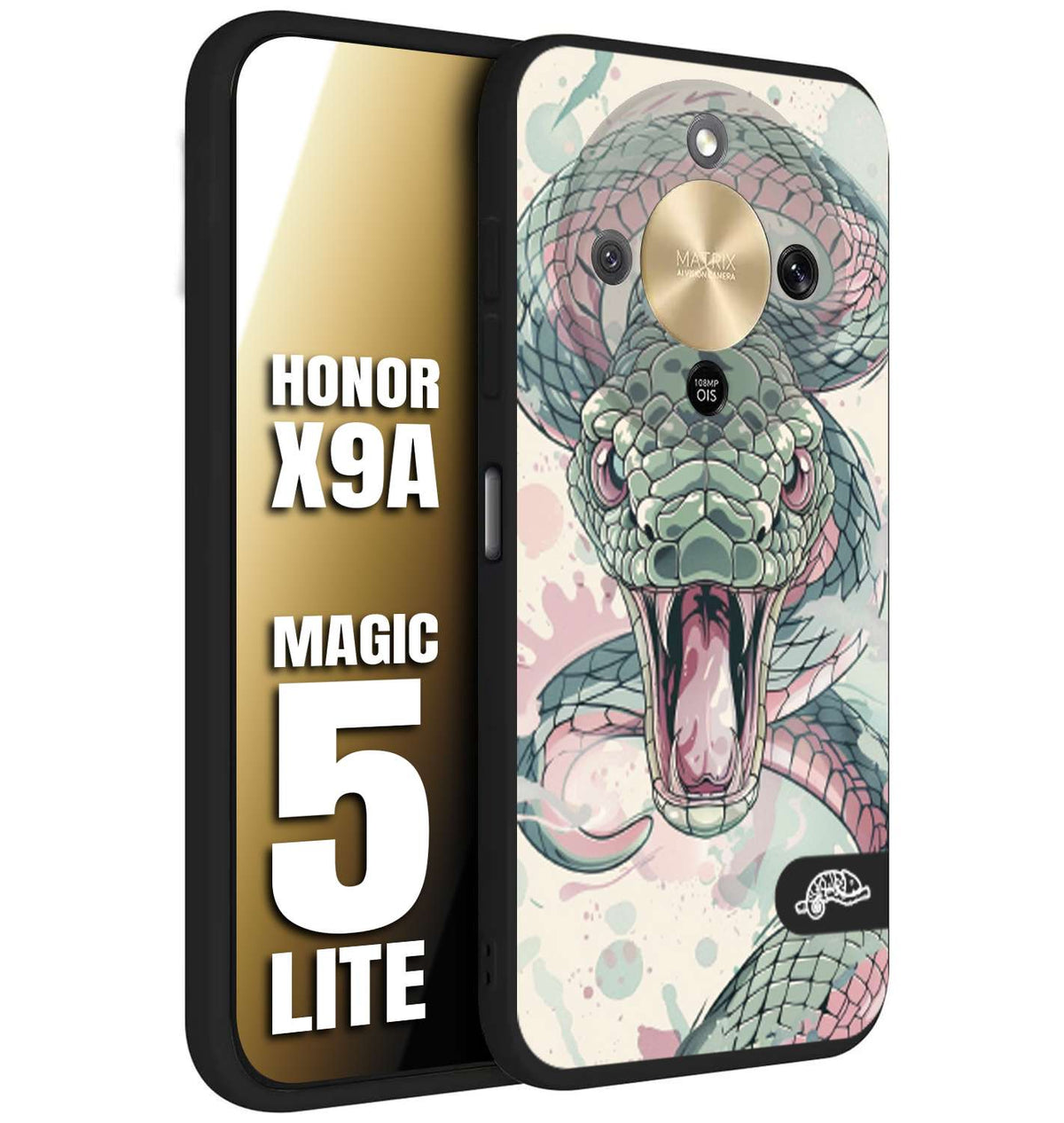 CUSTOMIZZA - Custodia cover nera morbida in tpu compatibile per Honor X9A - Honor Magic 5 Lite snake pink green serpente tatuaggio tattoo disegnato a mano