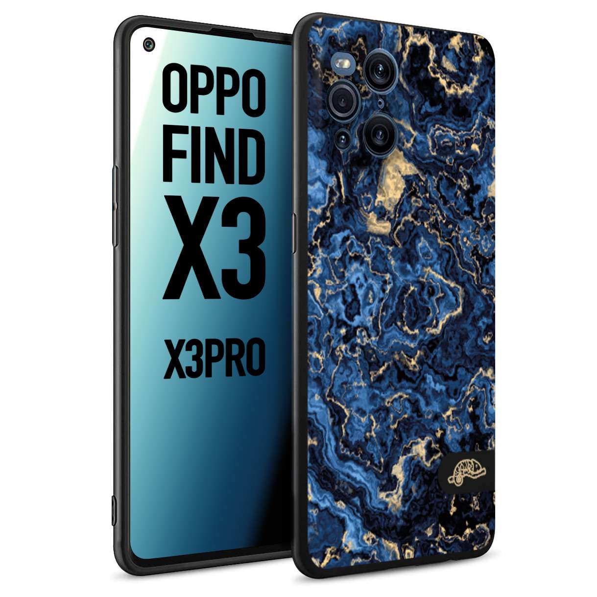 CUSTOMIZZA - Custodia cover nera morbida in tpu compatibile per Oppo Find X3 - Find X3 Pro 5G effetto marmo marble blu venature dorato psichedelico