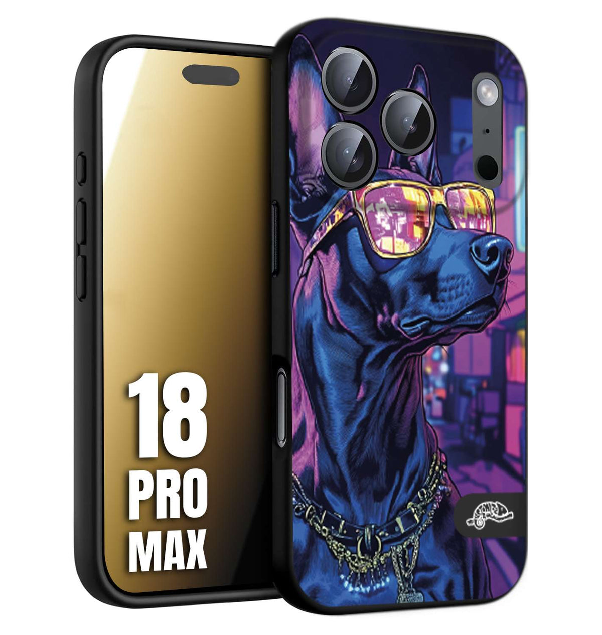 CUSTOMIZZA - Custodia cover nera morbida in tpu compatibile per iPhone 18 PRO MAX animali cyberpunk dobermann cane street dog fucsia blu night