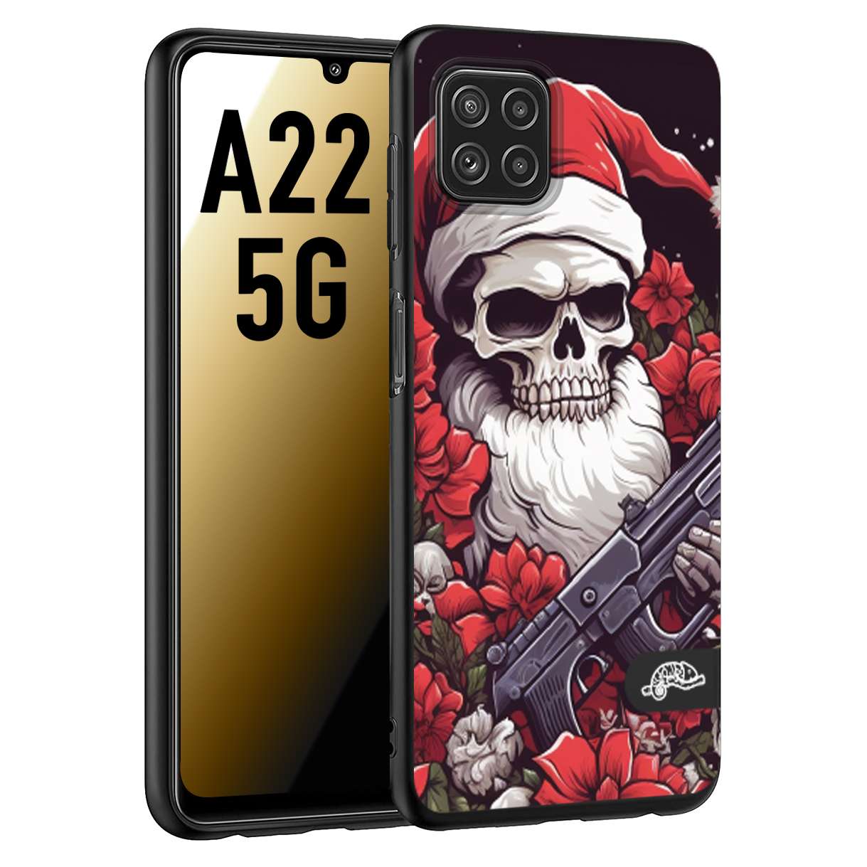 CUSTOMIZZA - Custodia cover nera morbida in tpu compatibile per Samsung A22 5G teschio natale santa claus fiori tattoo disegnato