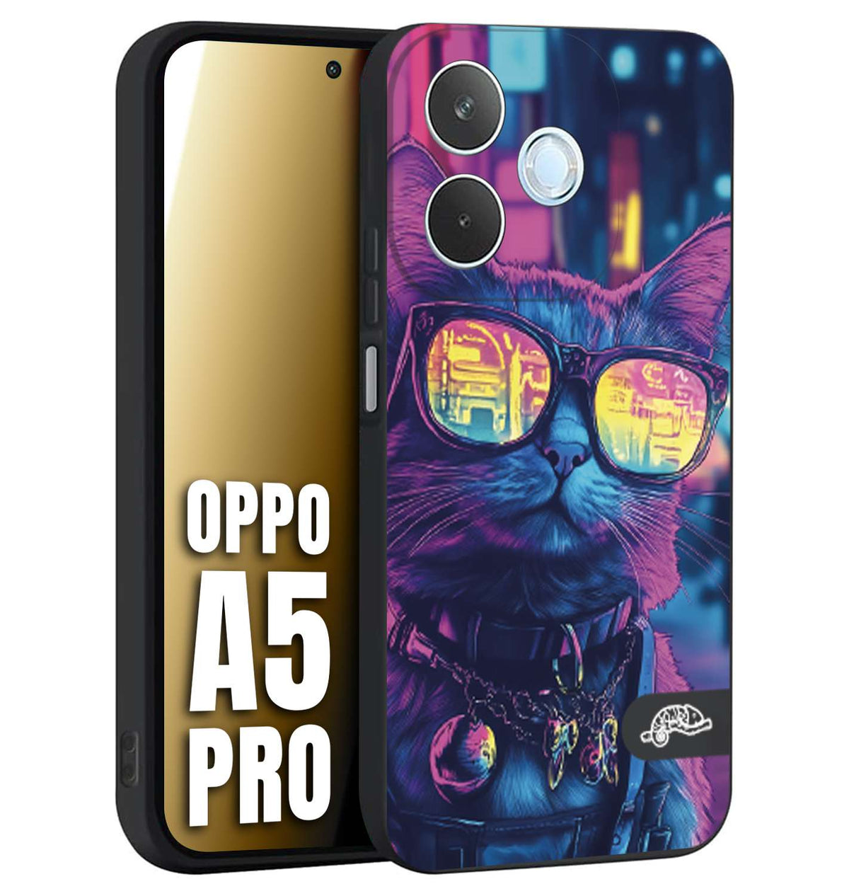 CUSTOMIZZA - Custodia cover nera morbida in tpu compatibile per Oppo A5 PRO animali cyberpunk gatto street cat fucsia blu giallo