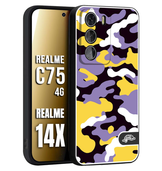 CUSTOMIZZA - Custodia cover nera morbida in tpu compatibile per Realme 14X - C75 4G camouflage mimetico militare viola lilla giallo