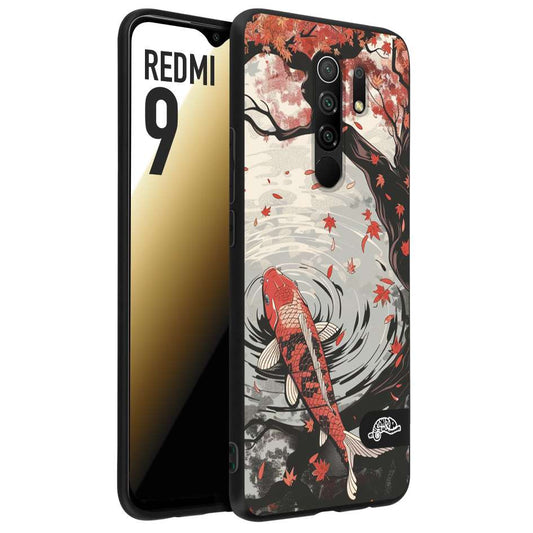 CUSTOMIZZA - Custodia cover nera morbida in tpu compatibile per Xiaomi Redmi 9 giapponese lago carpa koi rossa con foglie d'acero rosso disegnata tattoo