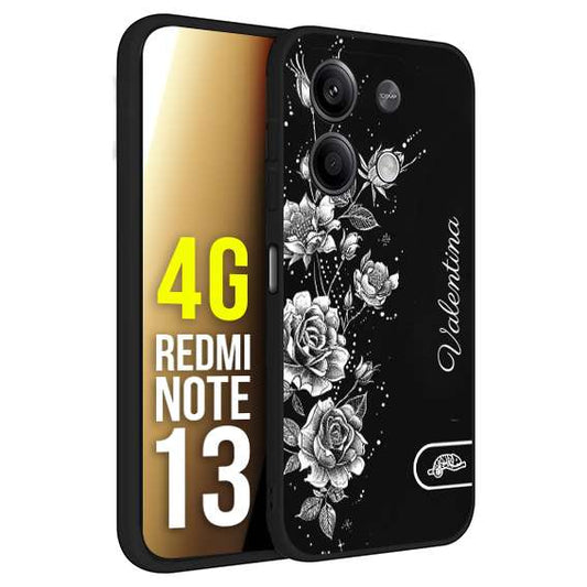 CUSTOMIZZA - Custodia cover nera morbida in tpu compatibile per Xiaomi Redmi Note 13 4G personalizzata rilievo soft touch nome rose fiori donna