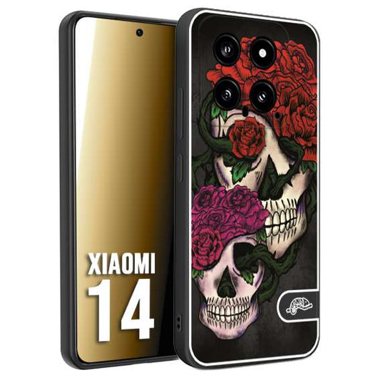 CUSTOMIZZA - Custodia cover nera morbida in tpu compatibile per Xiaomi 14 teschi e rose rosse fucsia skull and roses
