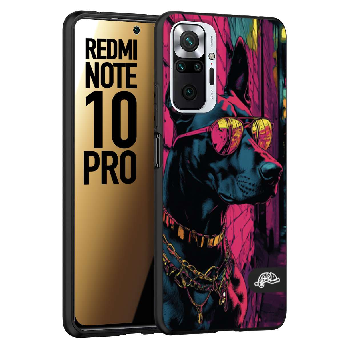 CUSTOMIZZA - Custodia cover nera morbida in tpu compatibile per Xiaomi Redmi Note 10 PRO animali cyberpunk dobermann cane street dog fucsia blu