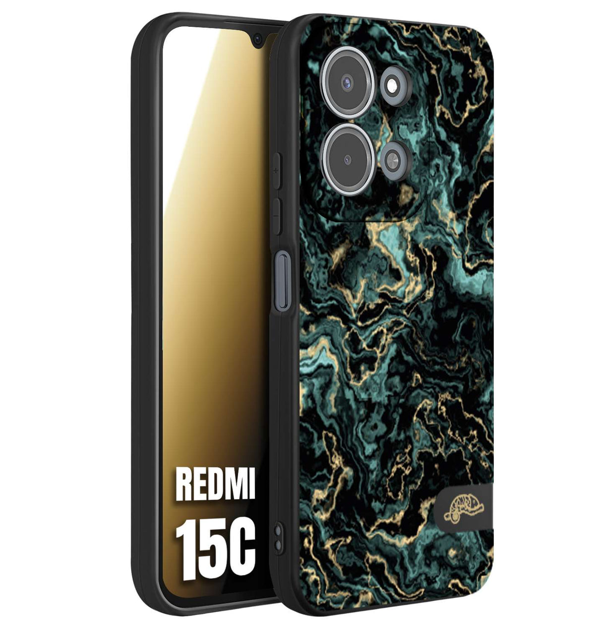 CUSTOMIZZA - Custodia cover nera morbida in tpu compatibile per Xiaomi Redmi 15C effetto marmo marble verde green venature dorato pietra