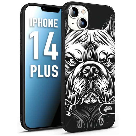 CUSTOMIZZA - Custodia cover nera morbida in tpu compatibile per iPhone 14 PLUS bulldog bianco a rilievo disegnato tattoo tatuaggio