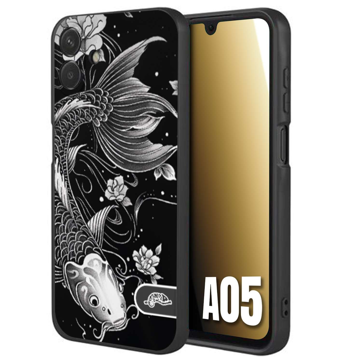 CUSTOMIZZA - Custodia cover nera morbida in tpu compatibile per Samsung A05 carpa koi black and white bianco a rilievo disegnato tattoo tatuaggio