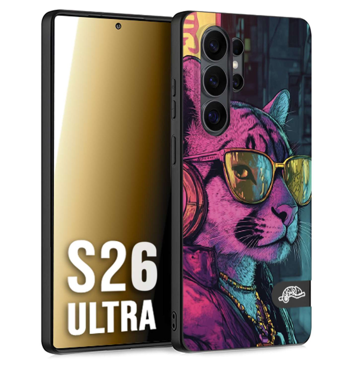 CUSTOMIZZA - Custodia cover nera morbida in tpu compatibile per Samsung S26 ULTRA animali cyberpunk pantera street cat fucsia blu giallo