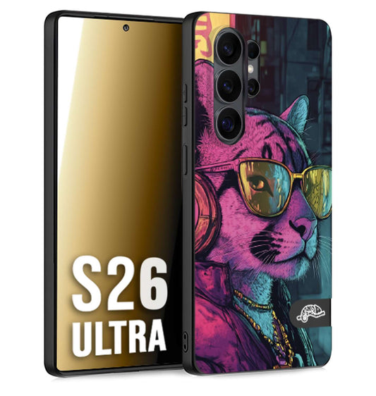 CUSTOMIZZA - Custodia cover nera morbida in tpu compatibile per Samsung S26 ULTRA animali cyberpunk pantera street cat fucsia blu giallo